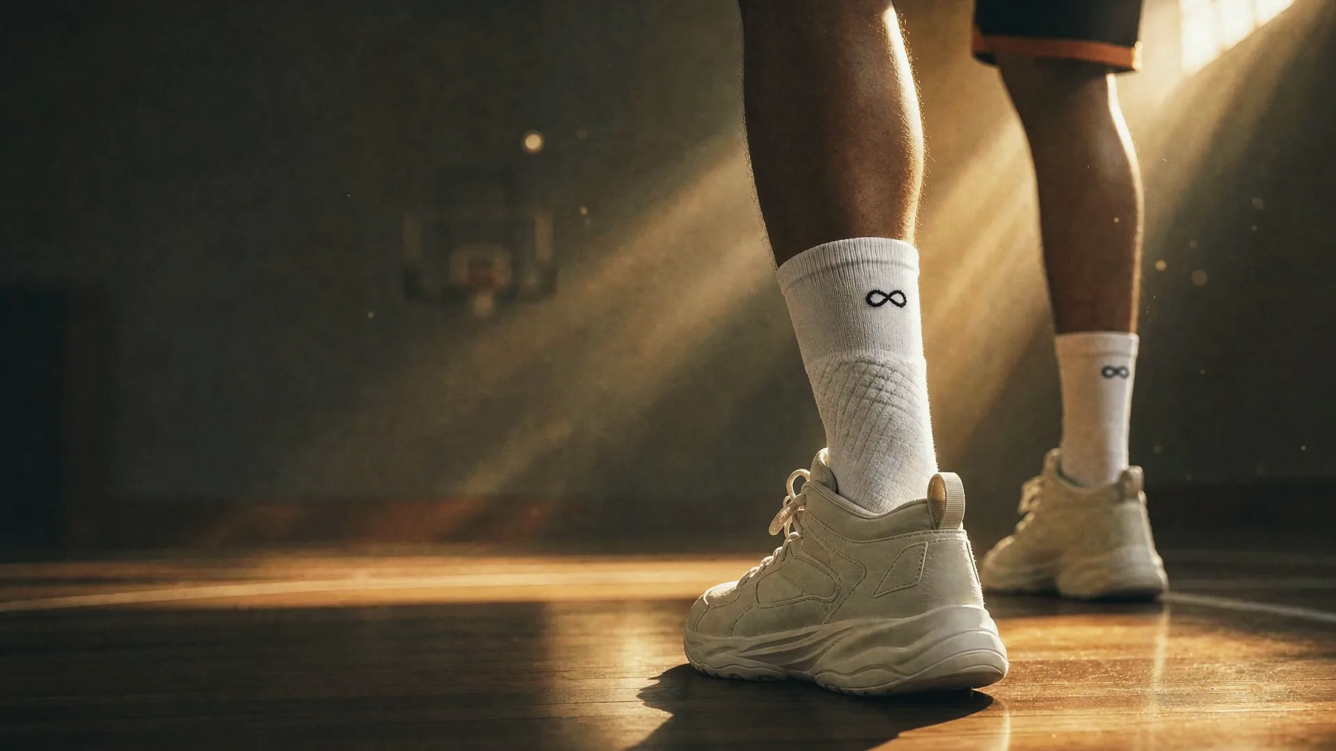 Basketball player standing on an empty court at dawn, light beams across the hardwood, Infinity performance socks on both feet